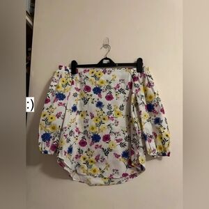 Floral Off-Shoulder Blouse - White with Pink, Yellow & Blue Flowers